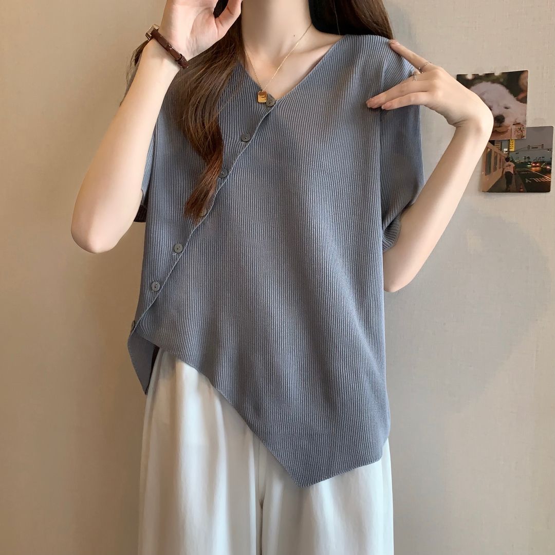 新中式大碼女裝夏季復古短袖T恤寬鬆遮肉胖mm不規則設計感上衣潮