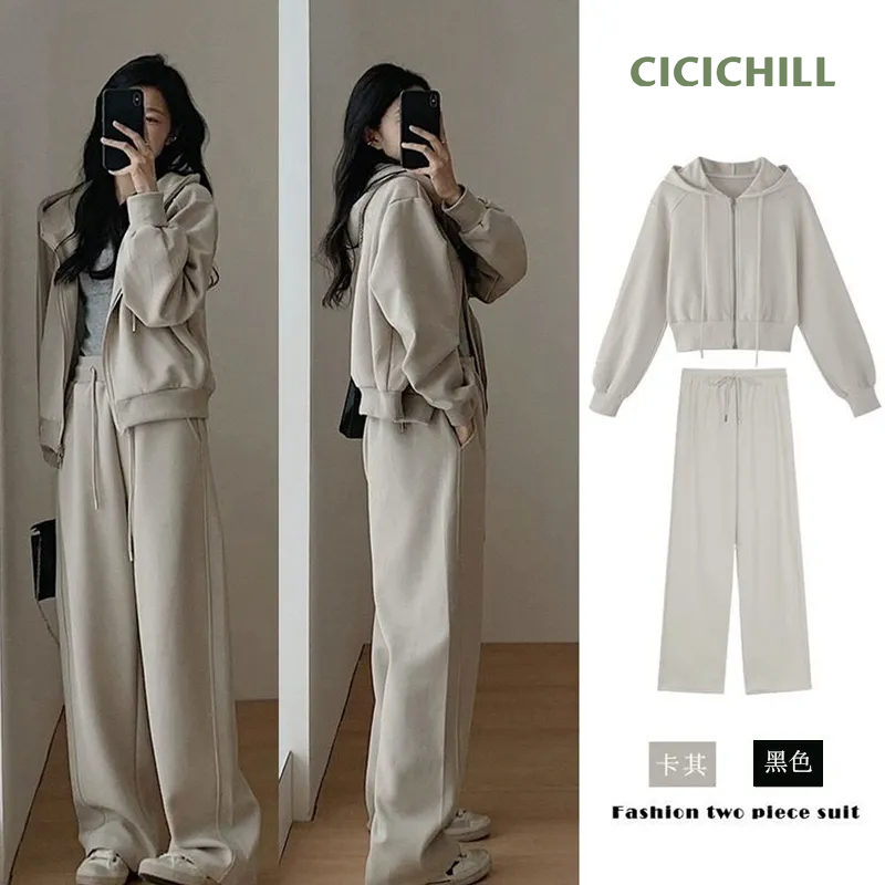 【整套】連帽衛衣顯瘦減齡闊腿褲兩件套裝