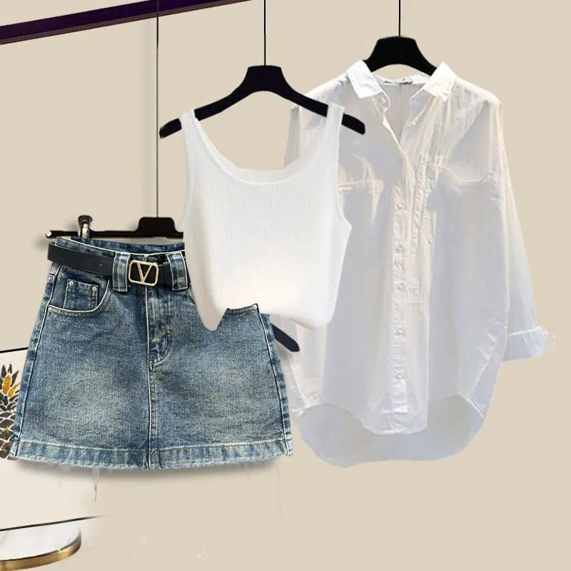 【單件/套裝】韓版百搭襯衫背心顯瘦牛仔裙三件套裝