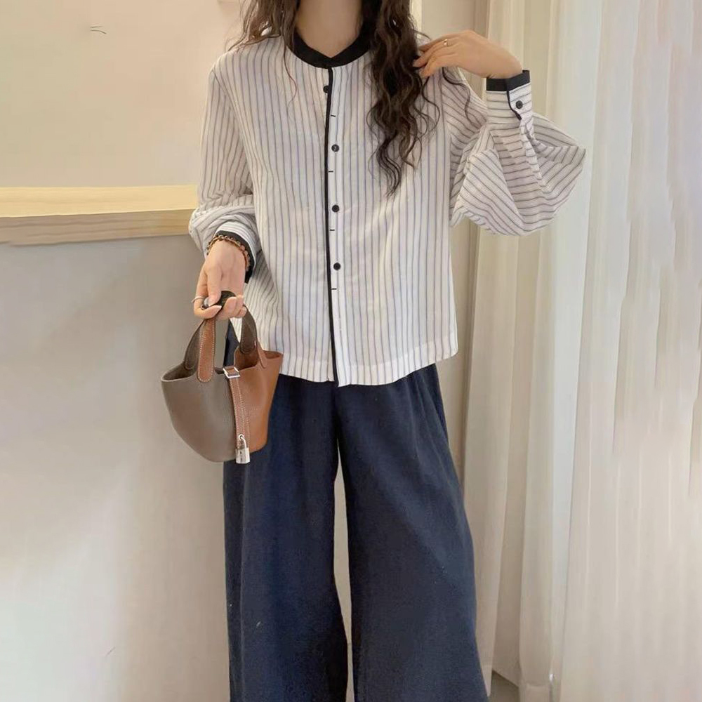 新中式設計感燈籠袖豎條紋休閒長袖襯衫