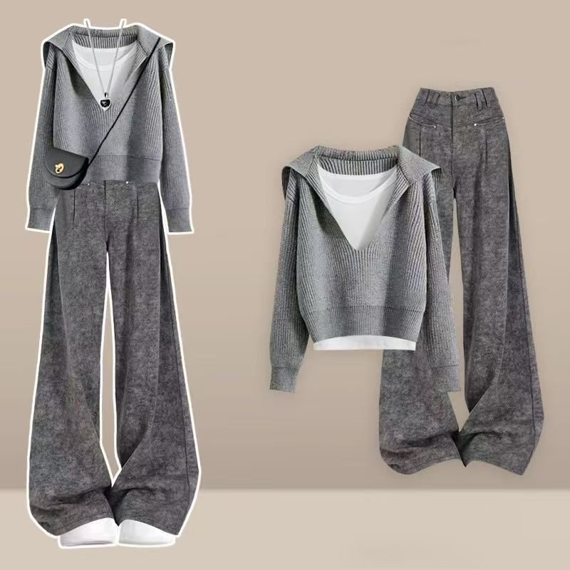 【單件/套裝】韓系休閒風時尚洋氣毛衣+背心+氣質灰色褲子兩件套