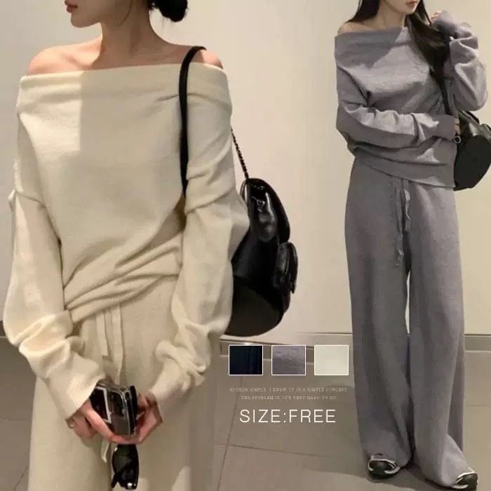 【整套】法式高級感一字領露肩長袖毛衣+高腰針織直筒長褲兩件套