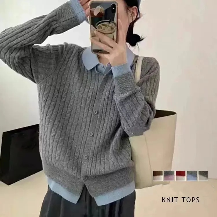 撞色翻領毛衣設計感假兩件針織開衫