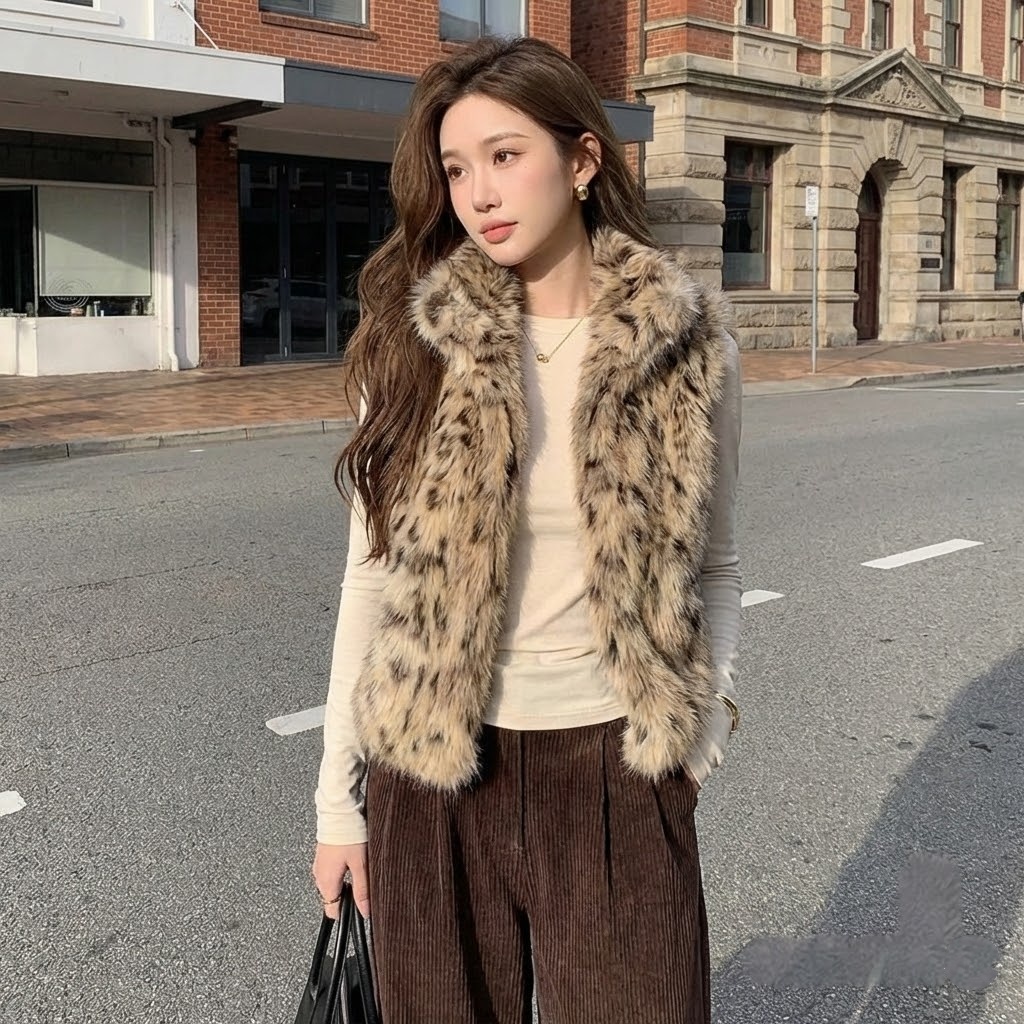 雙面穿時髦俏皮漸變雪豹皮草馬甲外套