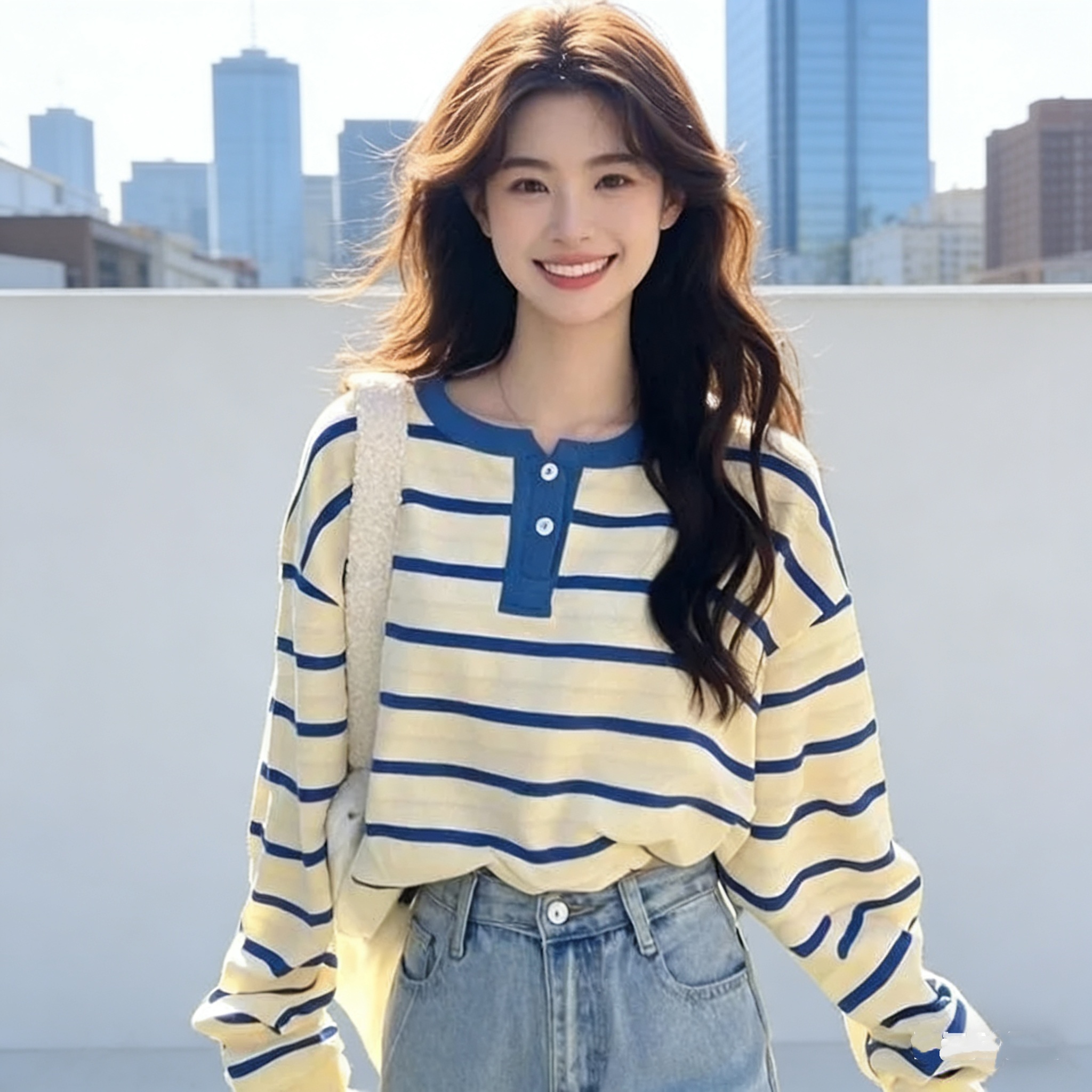 寬鬆半開扣設計感條紋休閒長袖T恤