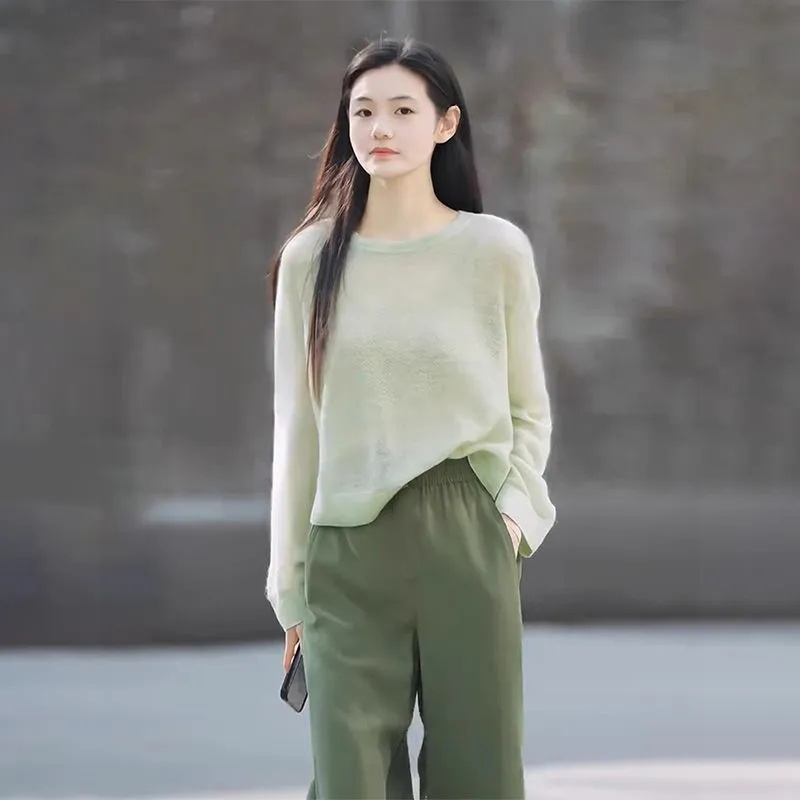 【整套】慵懶圓領上衣+闊腿褲兩件套裝