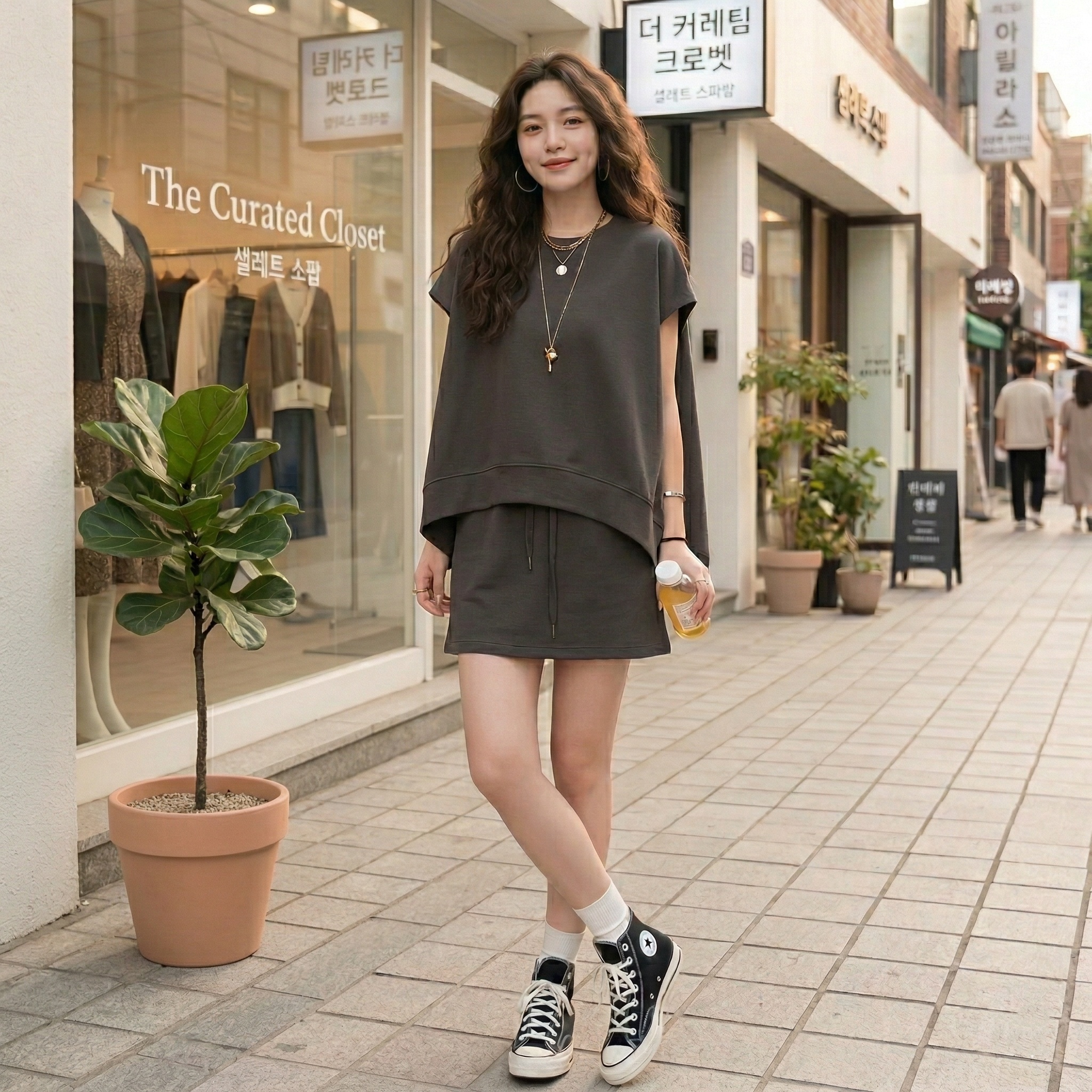 【套裝】時尚休閒寬鬆T恤+運動高腰A字裙兩件套裝