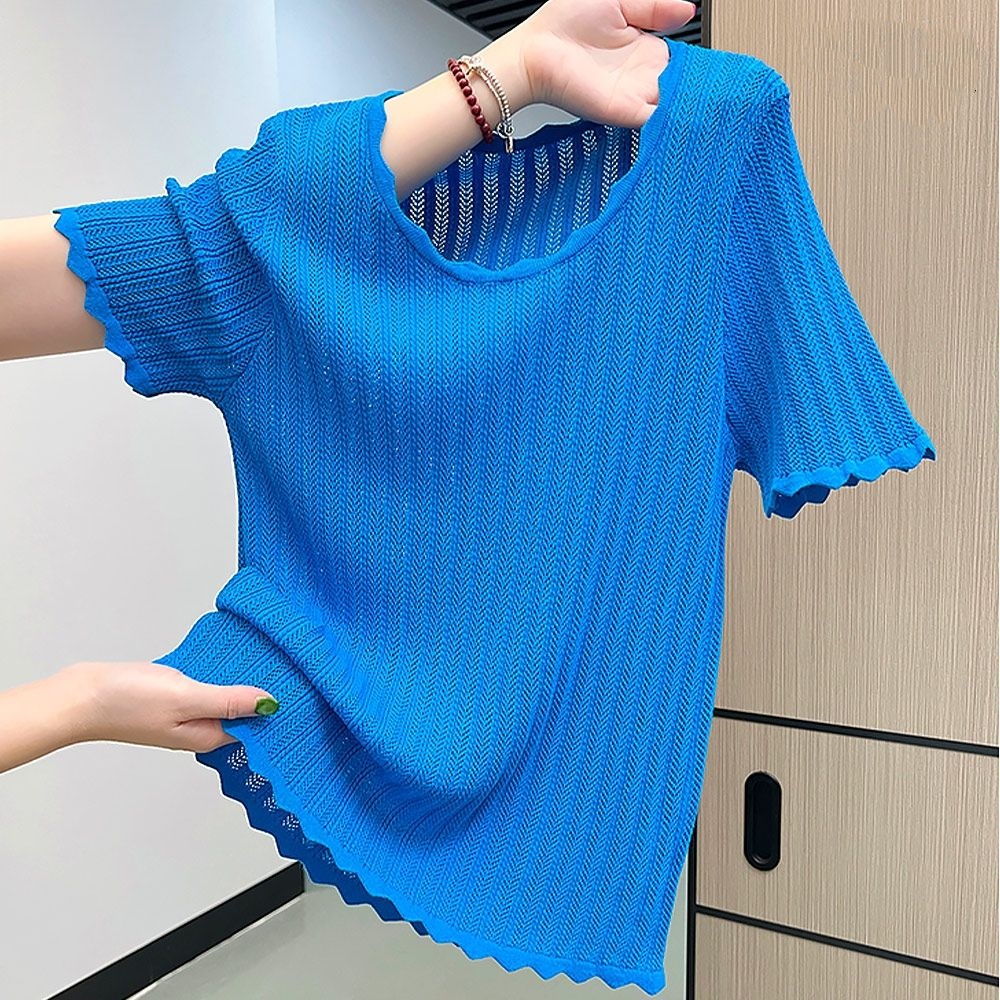 圓領洋氣溫柔氣質藍色冰絲短袖針織衫