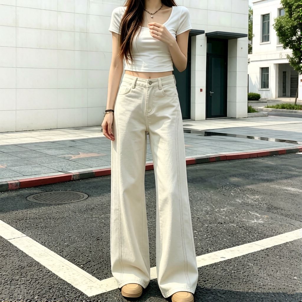 彎刀休閒褲中高腰提臀顯瘦百搭闊腿褲