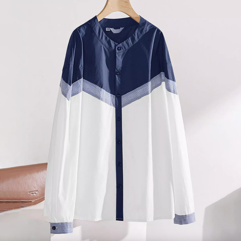休閒氣質撞色拼接立領條紋長袖襯衫