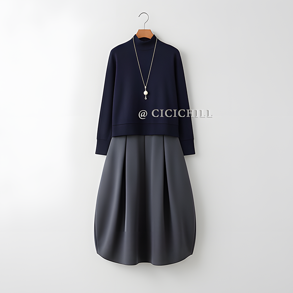 日韓休閑圓領長袖潮流拼色假兩件洋裝