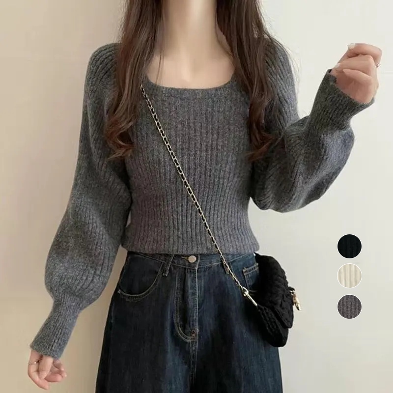 Chic方領軟糯寬鬆燈籠袖針織長袖