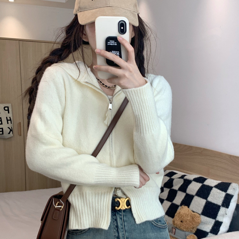 純慾風拉鍊正肩短款毛衣外套連帽針織開衫