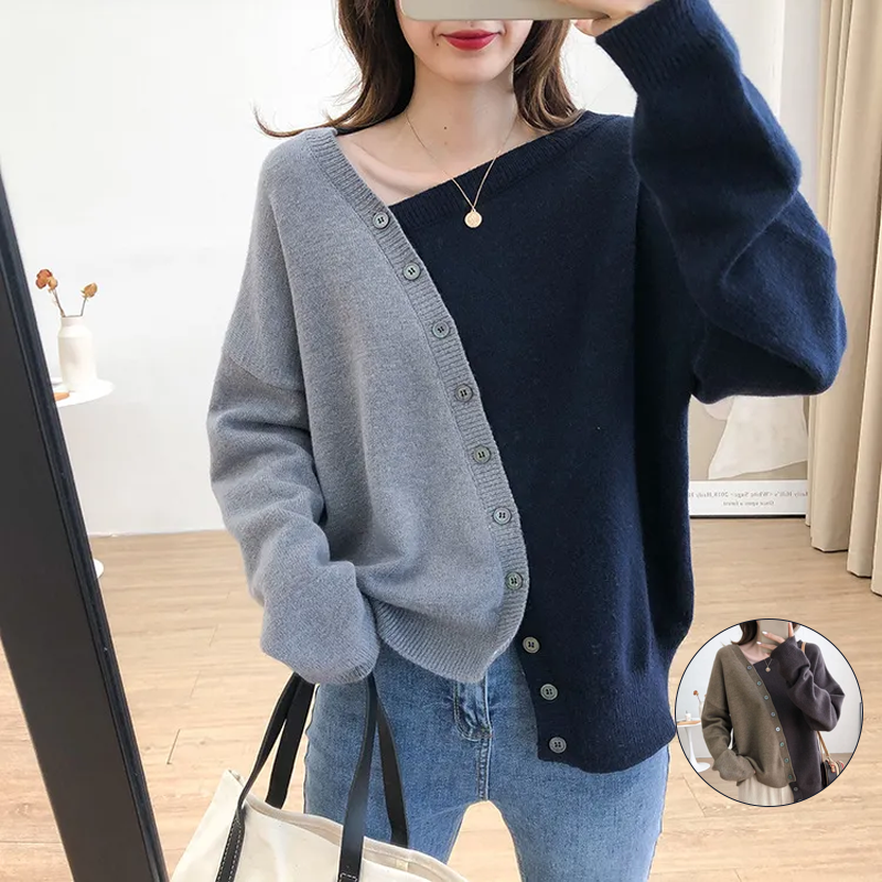 不規則休閒軟糯拼色斜襟針織長袖