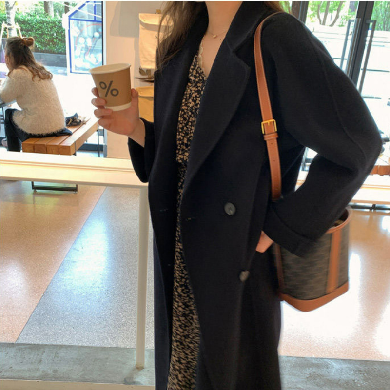韓系中長版寬鬆高級感雙排扣大衣仿毛呢外套