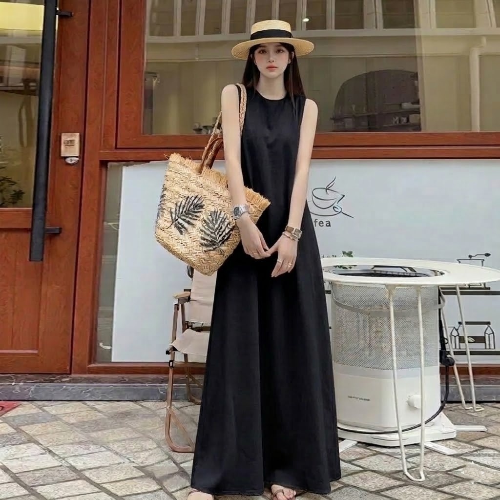 高級感甜酷風小眾A字氣質無袖超長洋裝