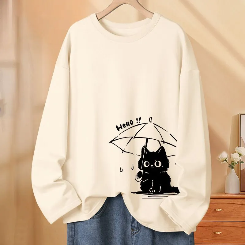 早秋chic純棉薄款撐傘貓印花可愛圓領長袖T恤