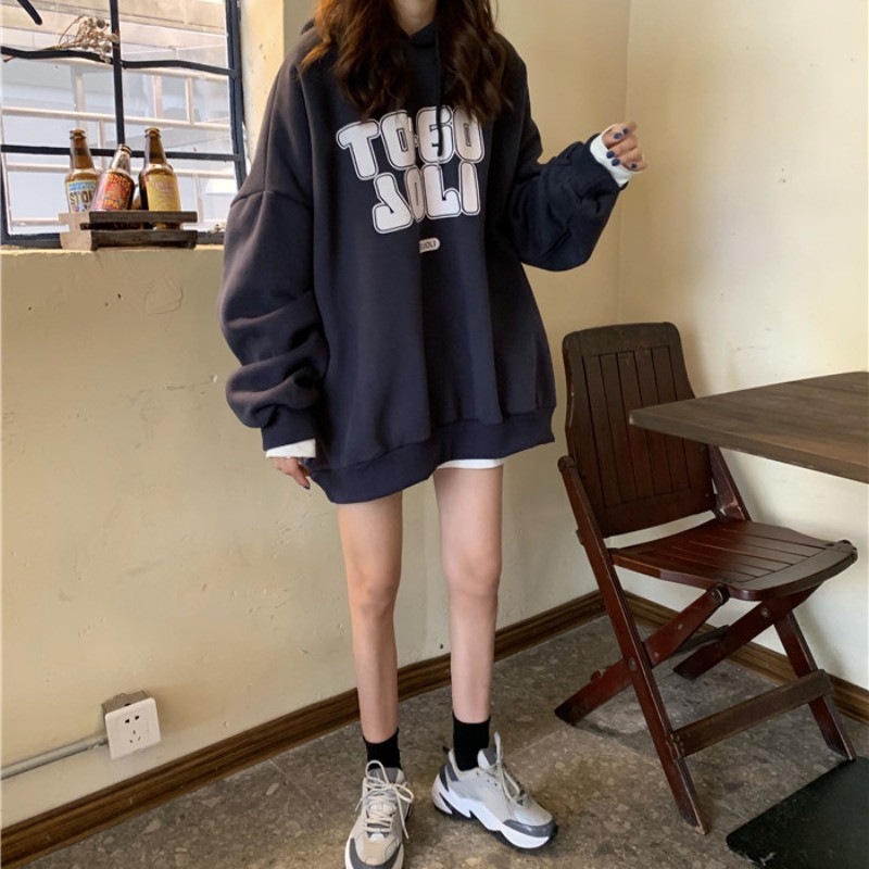 歐美bf慵懶風百搭寬鬆刷毛加厚連帽T