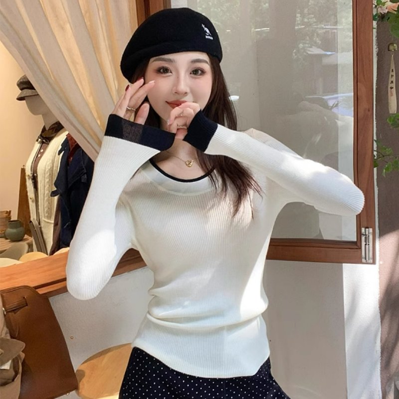 圓領撞色毛衣內搭設計感長袖針織打底衫