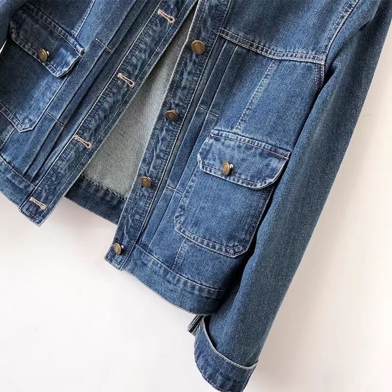 圓領壓褶藍色牛仔外套女短款春秋季長袖正肩修身顯瘦休閒夾克