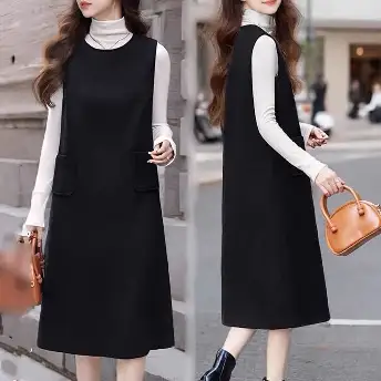 中長版背心裙直筒收腰寬鬆無袖有口袋洋裝