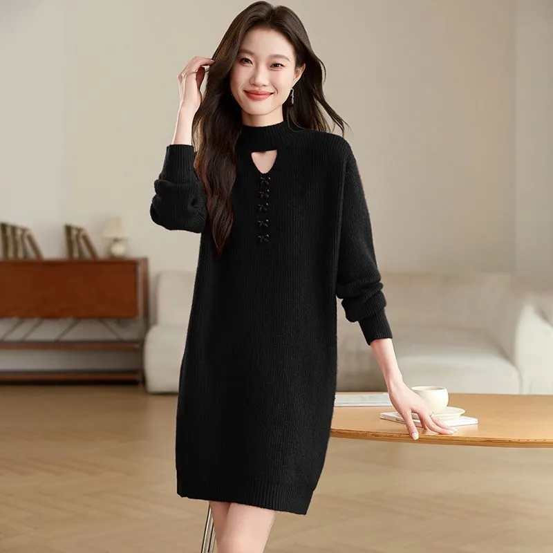 寬鬆加厚半高領時尚百搭中長版針織毛衣裙