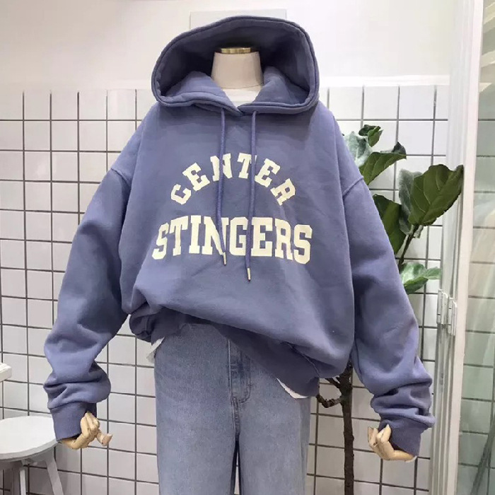 大碼韓版字母印花刷毛加厚寬鬆雙層休閑連帽T