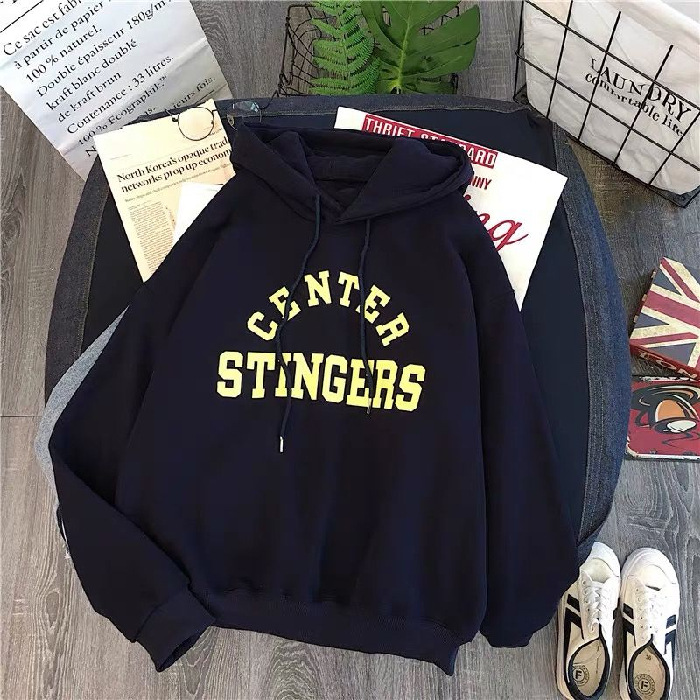 大碼韓版字母印花刷毛加厚寬鬆雙層休閑連帽T