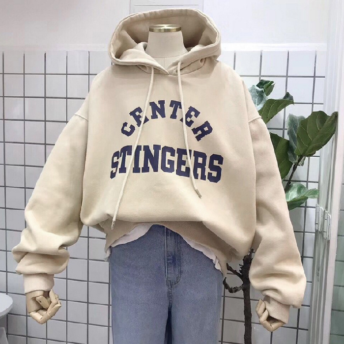 大碼韓版字母印花刷毛加厚寬鬆雙層休閑連帽T