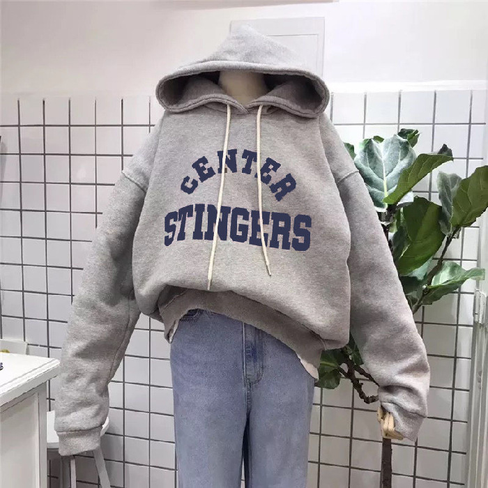 大碼韓版字母印花刷毛加厚寬鬆雙層休閑連帽T