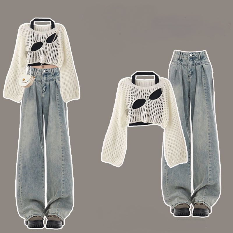 【單件/整套】溫柔系穿搭韓版設計感罩衫吊帶牛仔褲三件套