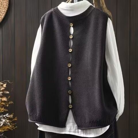 【單件/套裝】後背紐扣棉線針織無袖馬甲背心+寬鬆休閒百搭襯衫疊穿兩件套裝