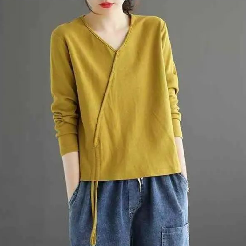 純棉V領大碼打底衫百搭休閒寬鬆抽繩長袖t恤