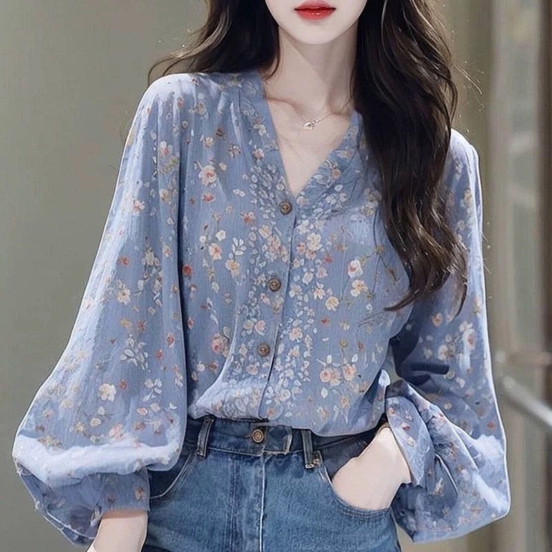 法式絕美獨特淑女氣質森系藍色碎花長袖襯衫