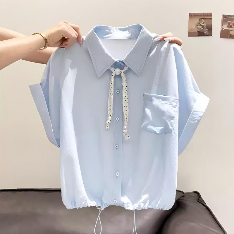 波點絲帶法式polo領小眾設計短袖襯衫