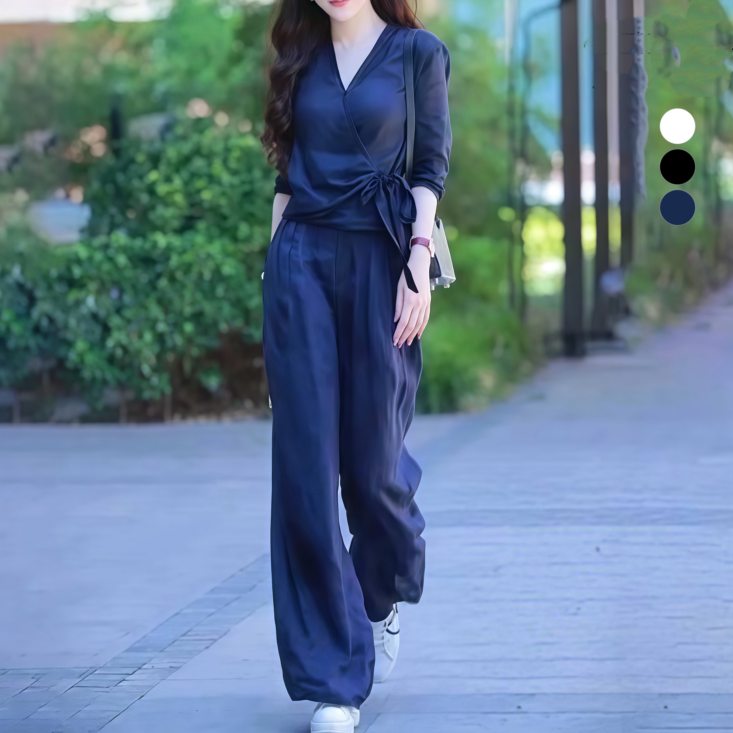 【單件/套裝】棉麻減齡設計感V領襯衫+百搭高腰闊腿褲兩件套裝