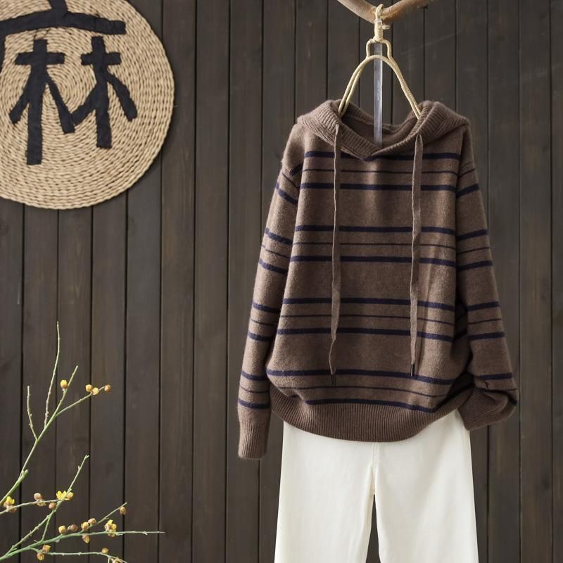 韓版寬鬆休閒慵懶長袖條紋顯瘦連帽針織衫