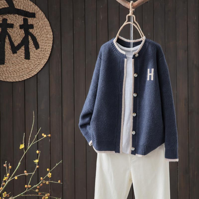 寬鬆素色圓領單排扣百搭通勤文藝針織開衫