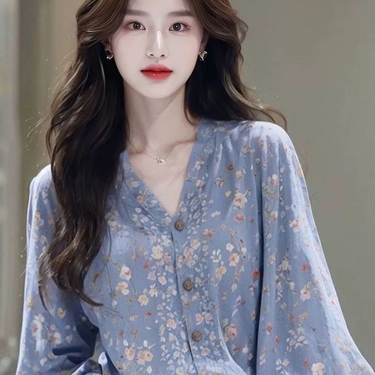 法式絕美獨特淑女氣質森系藍色碎花長袖襯衫