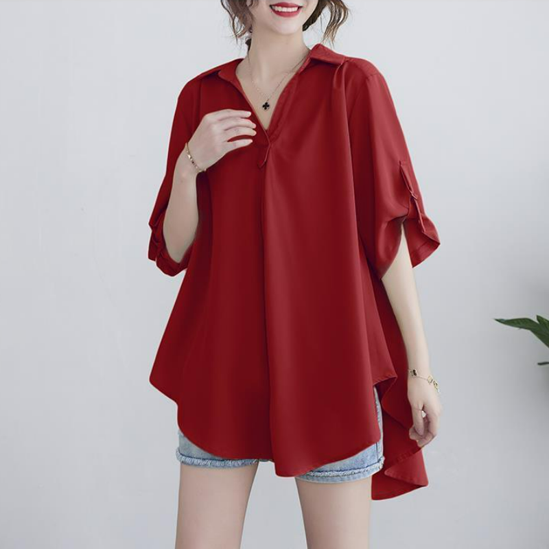 中長款短袖雪紡襯衫新款大碼寬鬆收腰顯瘦雪紡衫上衣女