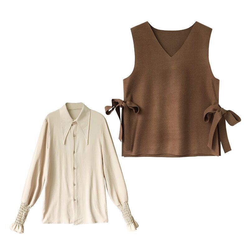 【整套】時尚休閒設計感馬甲+鬆緊袖口襯衫兩件套裝