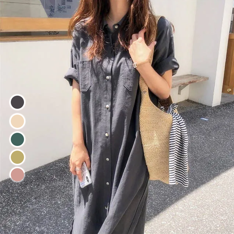 日系五色通勤簡約長款棉麻洋裝