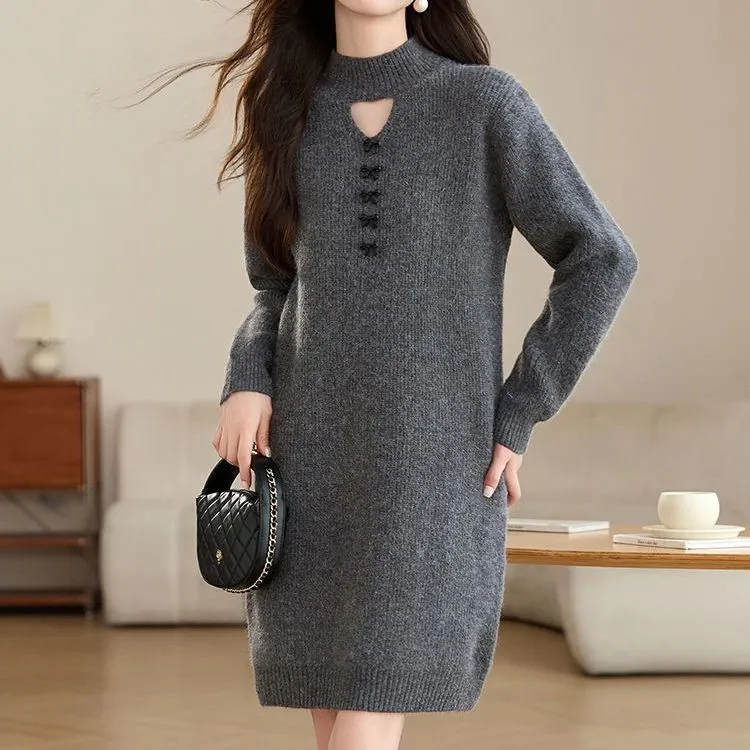 寬鬆加厚半高領時尚百搭中長版針織毛衣裙