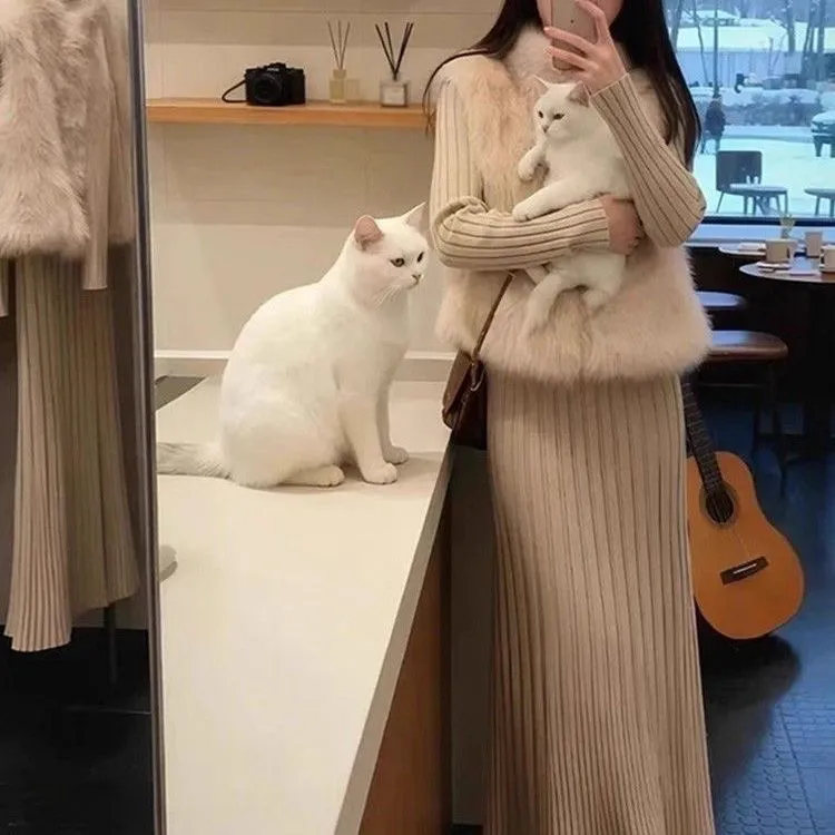 【單件/套裝】網紅韓風百搭顯瘦毛毛馬甲+杏色連衣裙兩件套裝