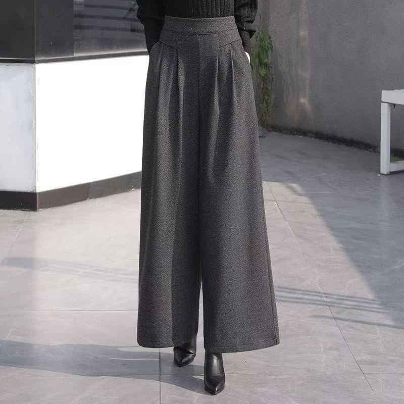 大碼羊絨毛呢高腰寬鬆顯瘦垂感直筒闊腿褲