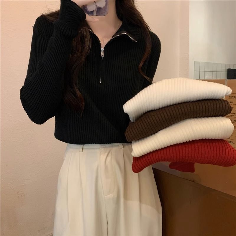 慵懶風半開拉鍊高領毛衣寬鬆顯瘦內搭長袖針織衫