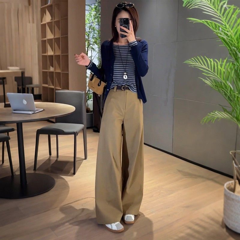 【單件/套裝】減齡洋氣時尚撞色假兩件長袖T恤+顯瘦休閒闊腿褲兩件套