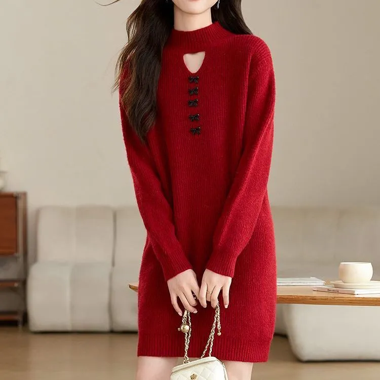 寬鬆加厚半高領時尚百搭中長版針織毛衣裙