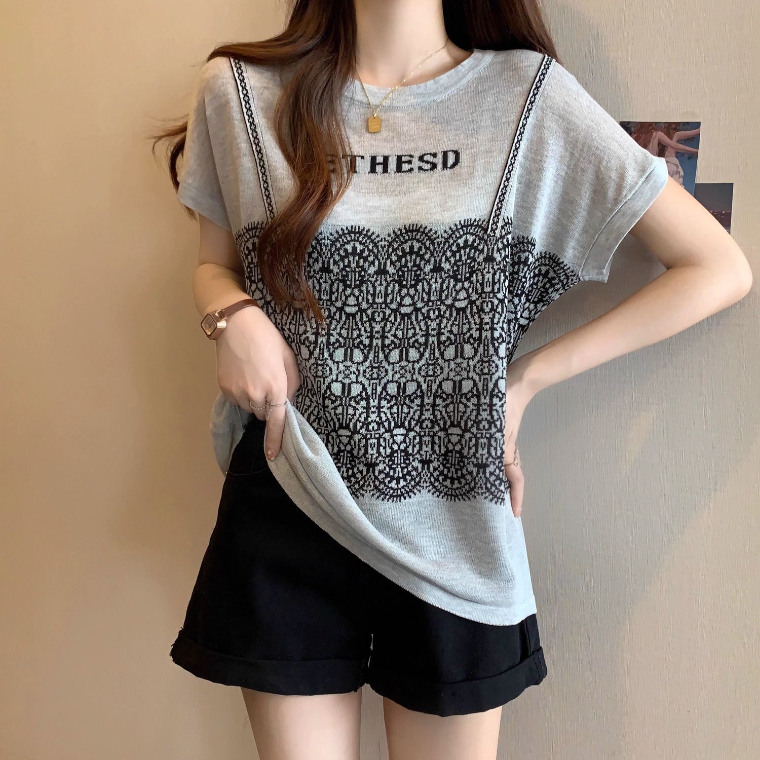 法式假兩件冰絲針織蕾絲拼接短袖t恤