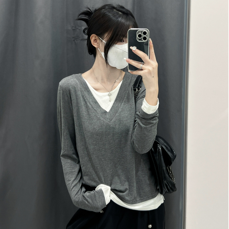 純棉假兩件純慾風內搭打底衫修身設計感小眾長袖t恤